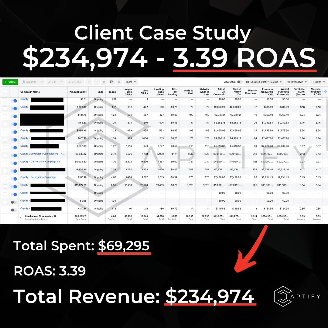 Client case study — $234,974 revenue, 3.39 ROAS