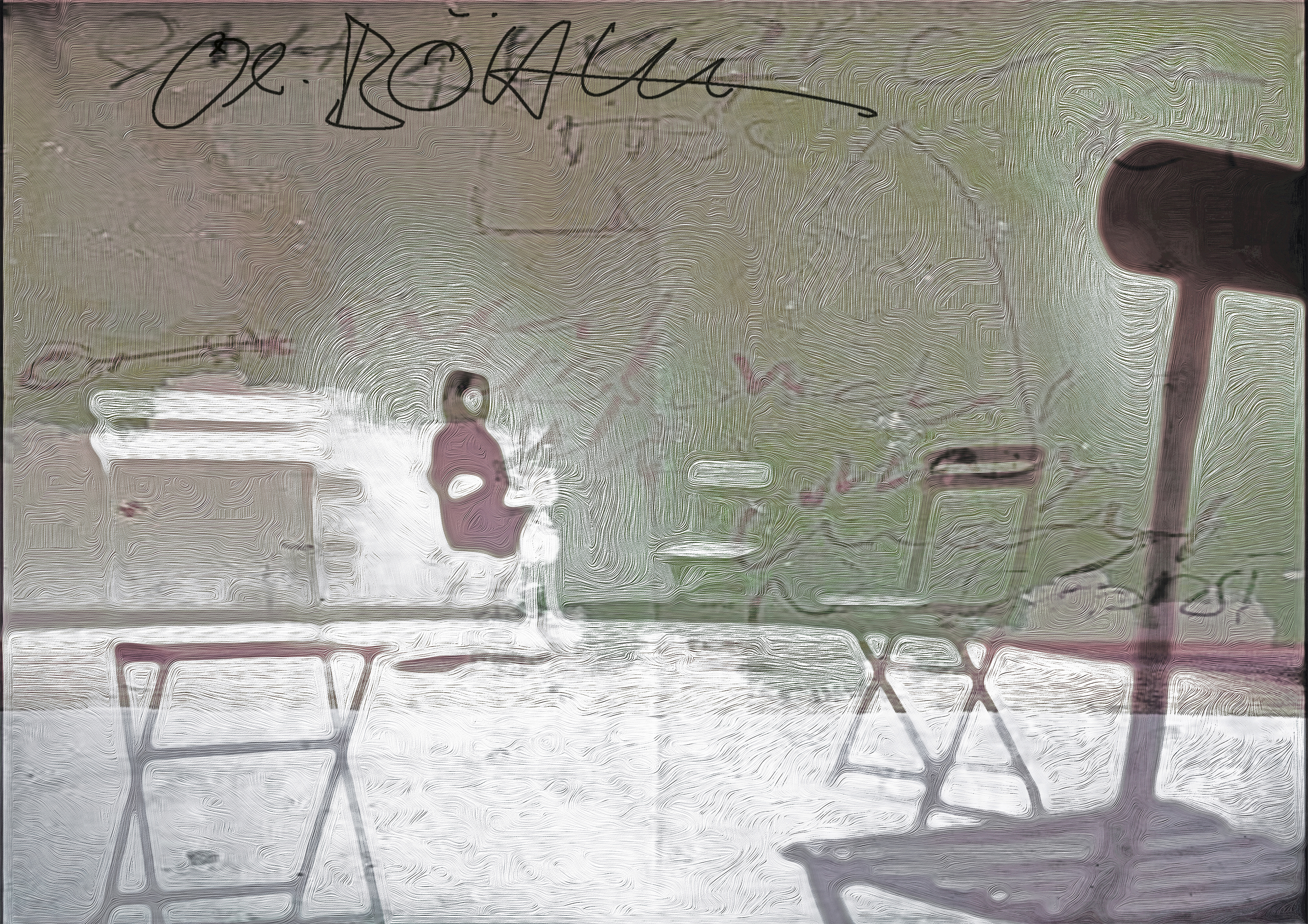 Abstrakte urbane Szene „Promenade“ von Olli Boehm: helle Promenade mit Bänken und kleiner stehender Figur, grün-grauer Hintergrund mit wirbelnder Textur und dunklem Pfosten rechts, Mixed-Media-Fotokunst.