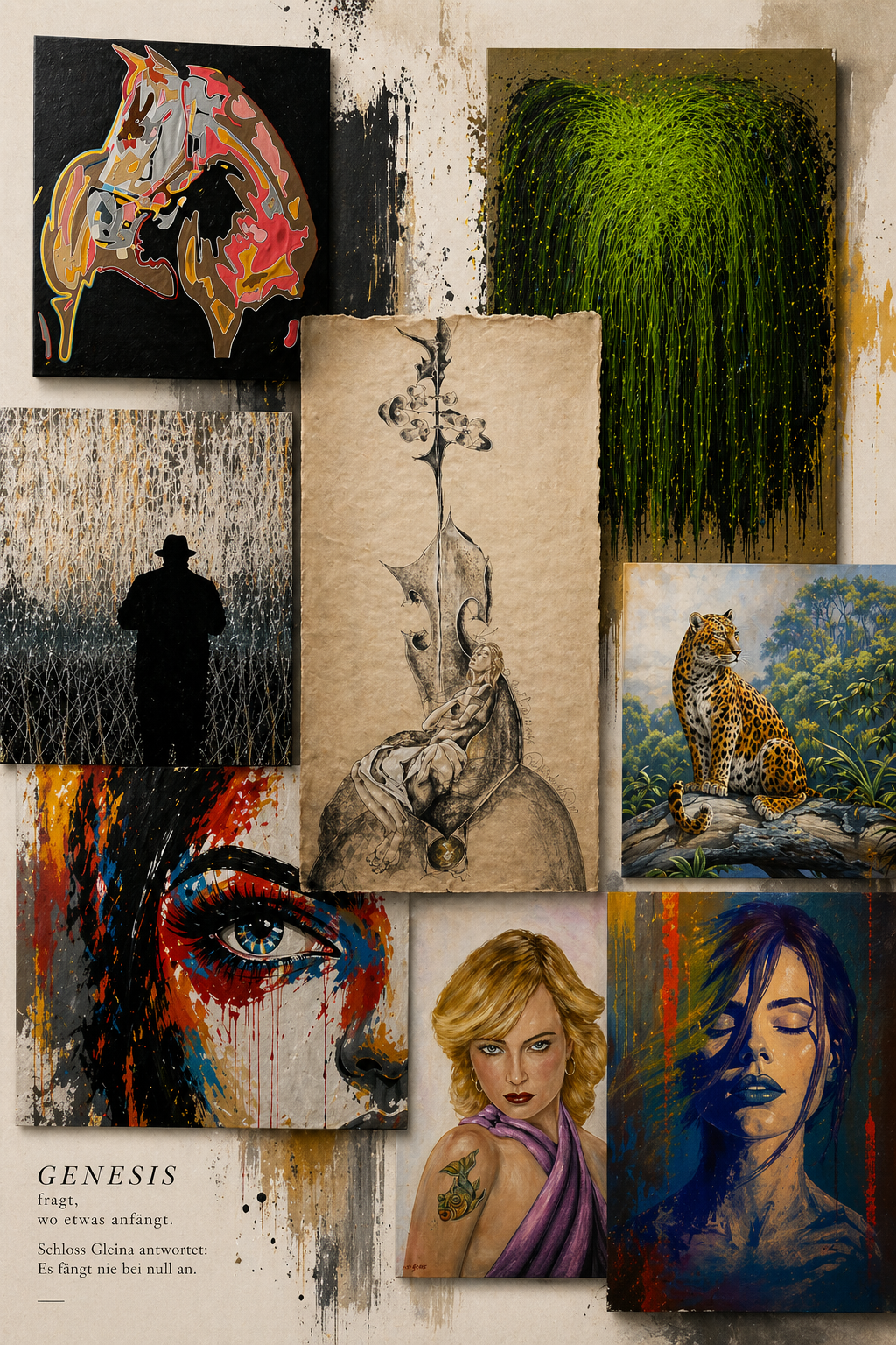 Collage mit acht Kunstwerken der Ausstellung FAVORI No. 1: Genesis im Schloss Gleina, darunter Malerei, Zeichnung, Wildlife Art und Pop-Art.