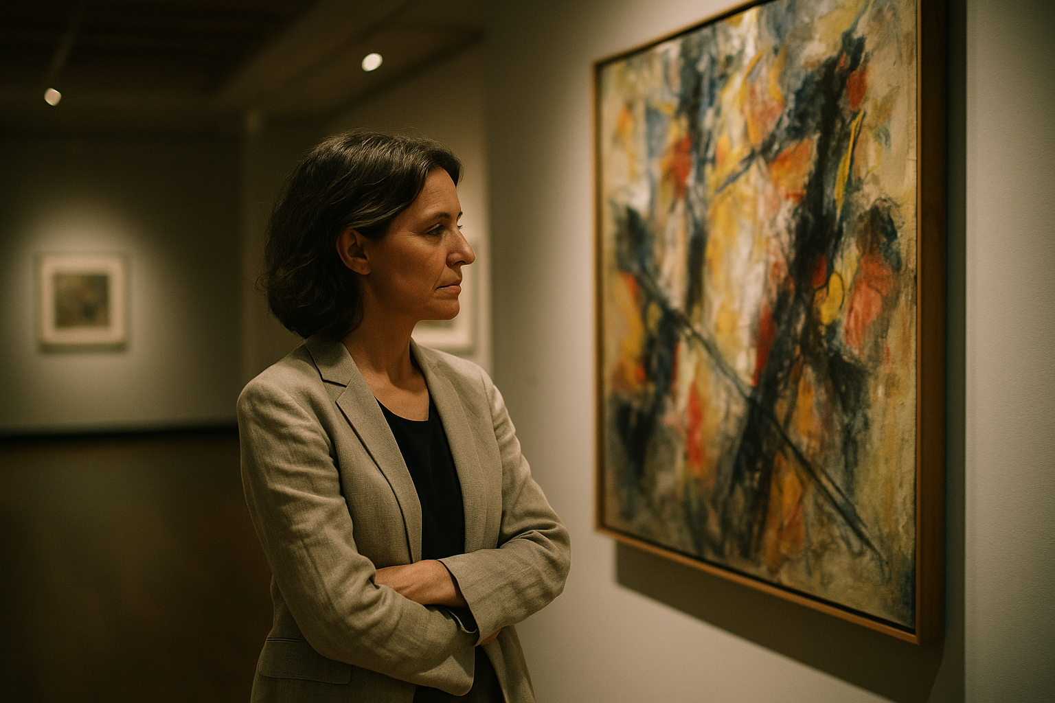 Frau in stiller Betrachtung vor abstraktem Gemälde, Bild zum Thema Resonanz
