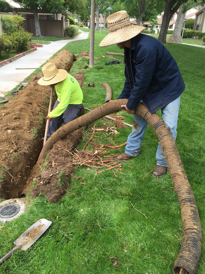 Crew repairing and replacing damaged drainage pipe