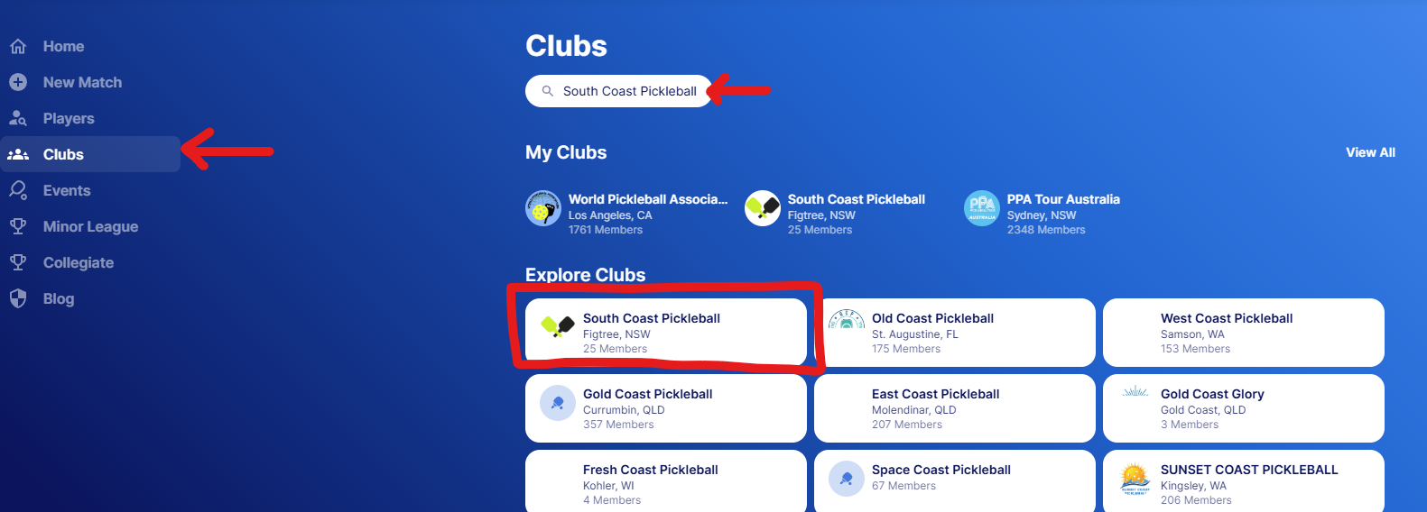 how to search for south coast pickleball club on dupr