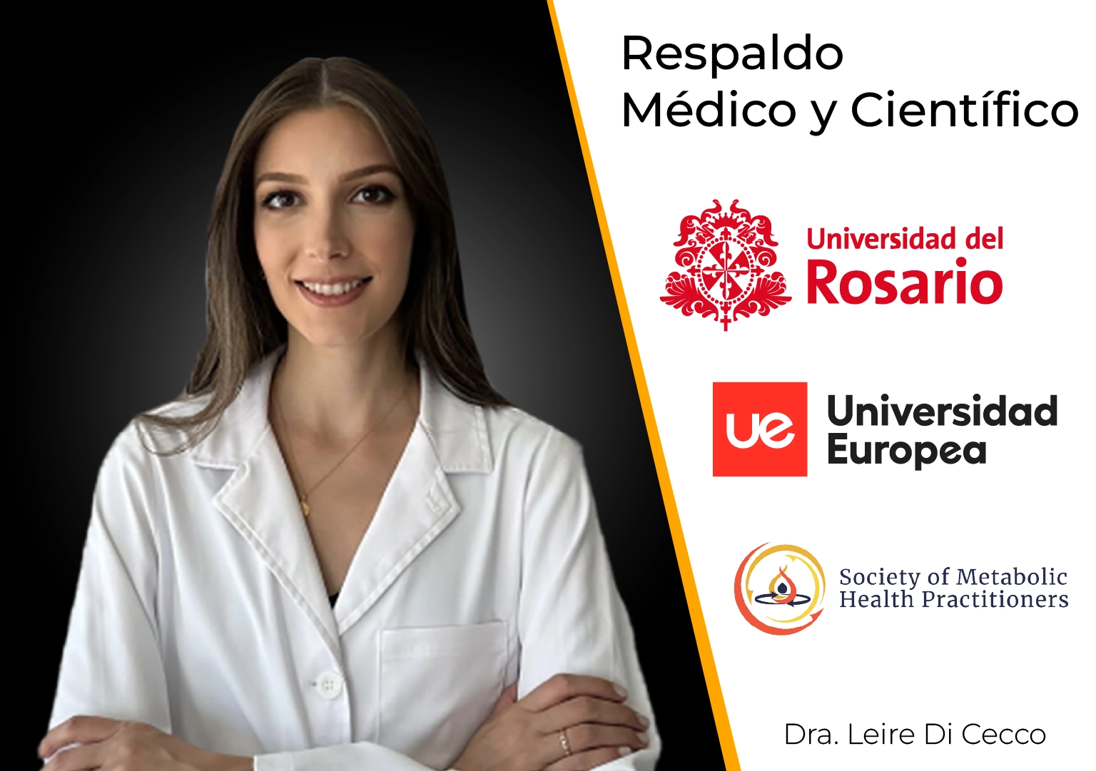 Foto de la Dra Leire junto a los logos de las universidad del Rosario, Universidad Europea y Society of Metabolic Health Practitioners dando respaldo medico y cientifico