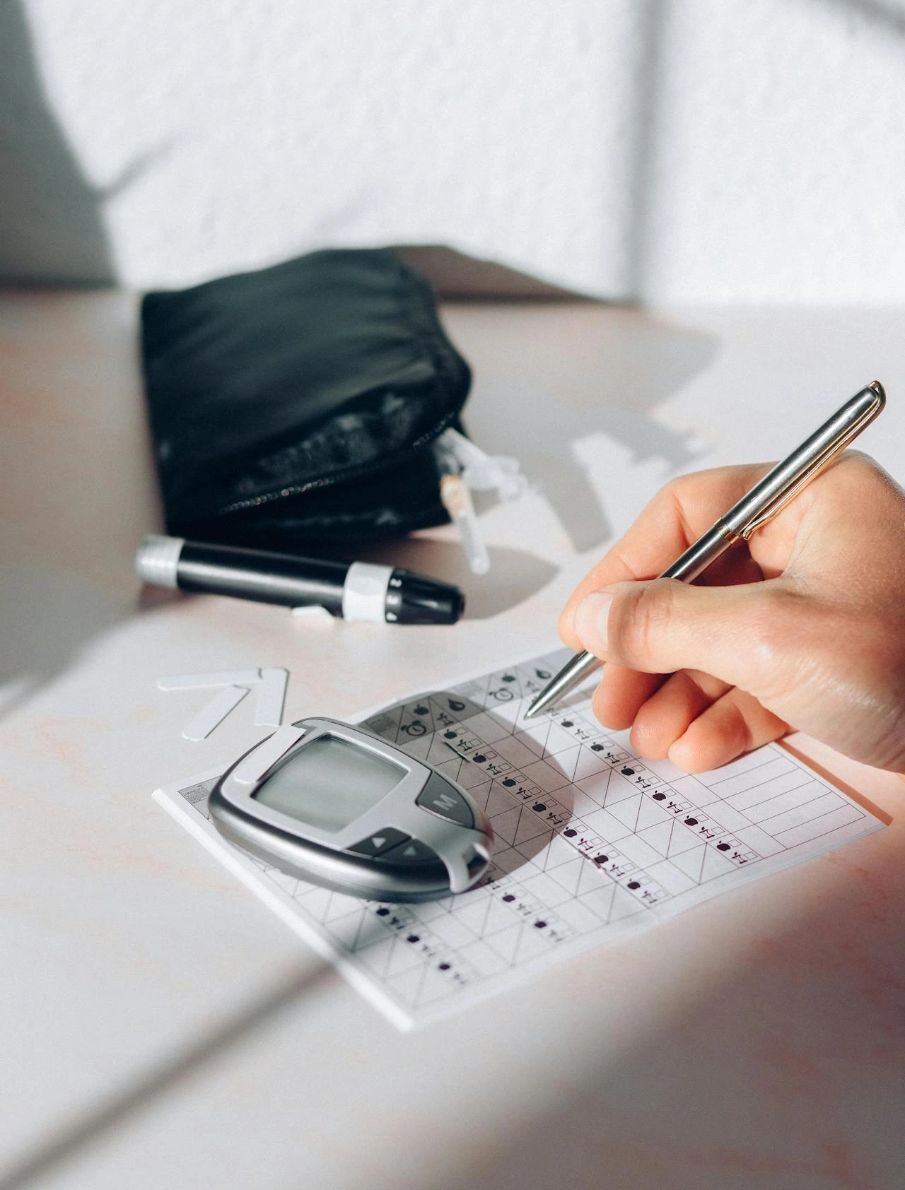 Persona registrando niveles de glucosa en una hoja mientras un glucómetro y un estuche con suministros para diabéticos descansan sobre la mesa.