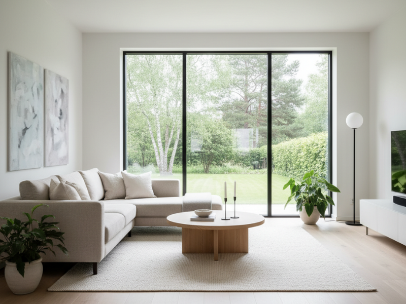 Stilrent vardagsrum med stora fönster och utsikt mot naturen