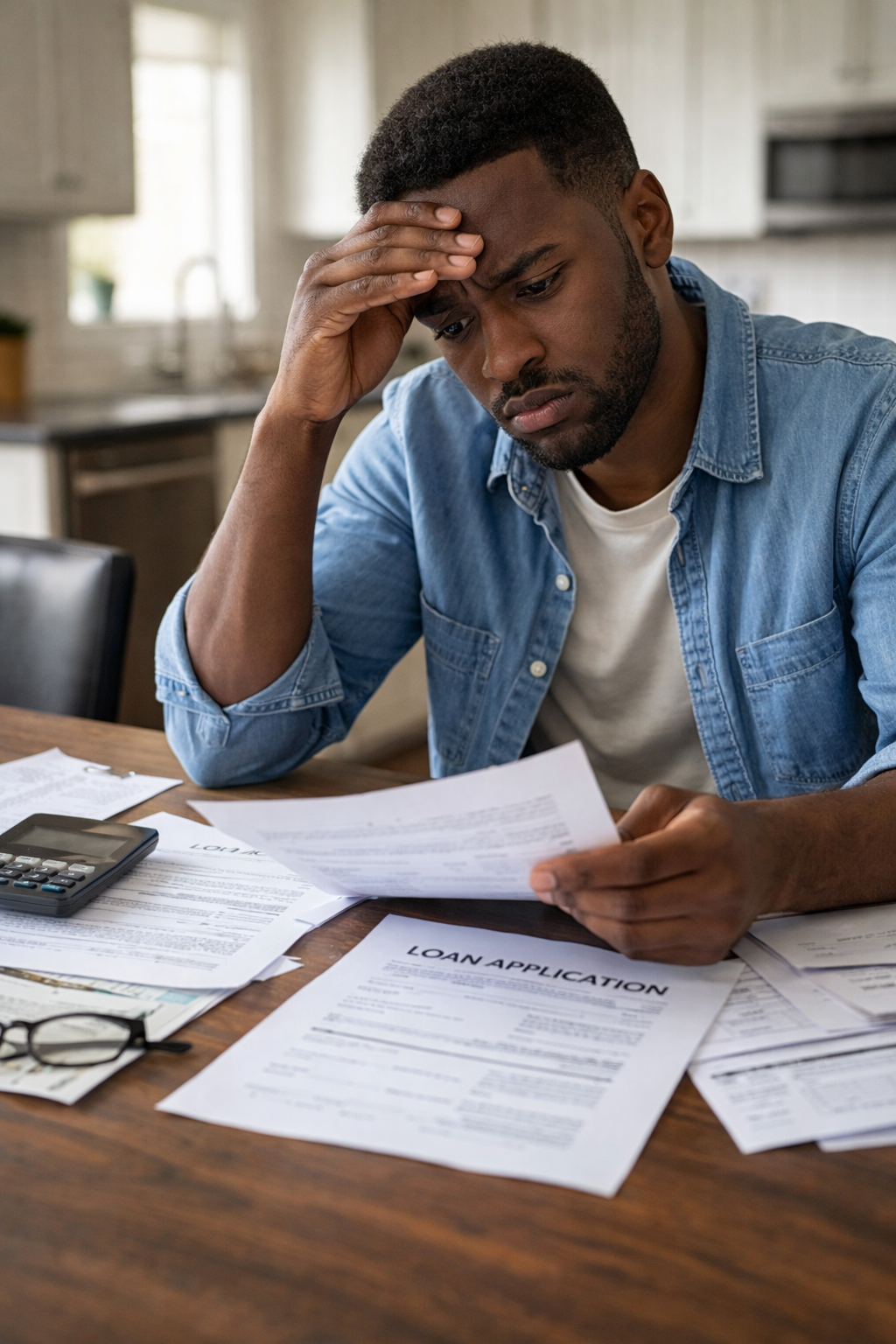 Person feeling stressed while reviewing loan or credit paperwork