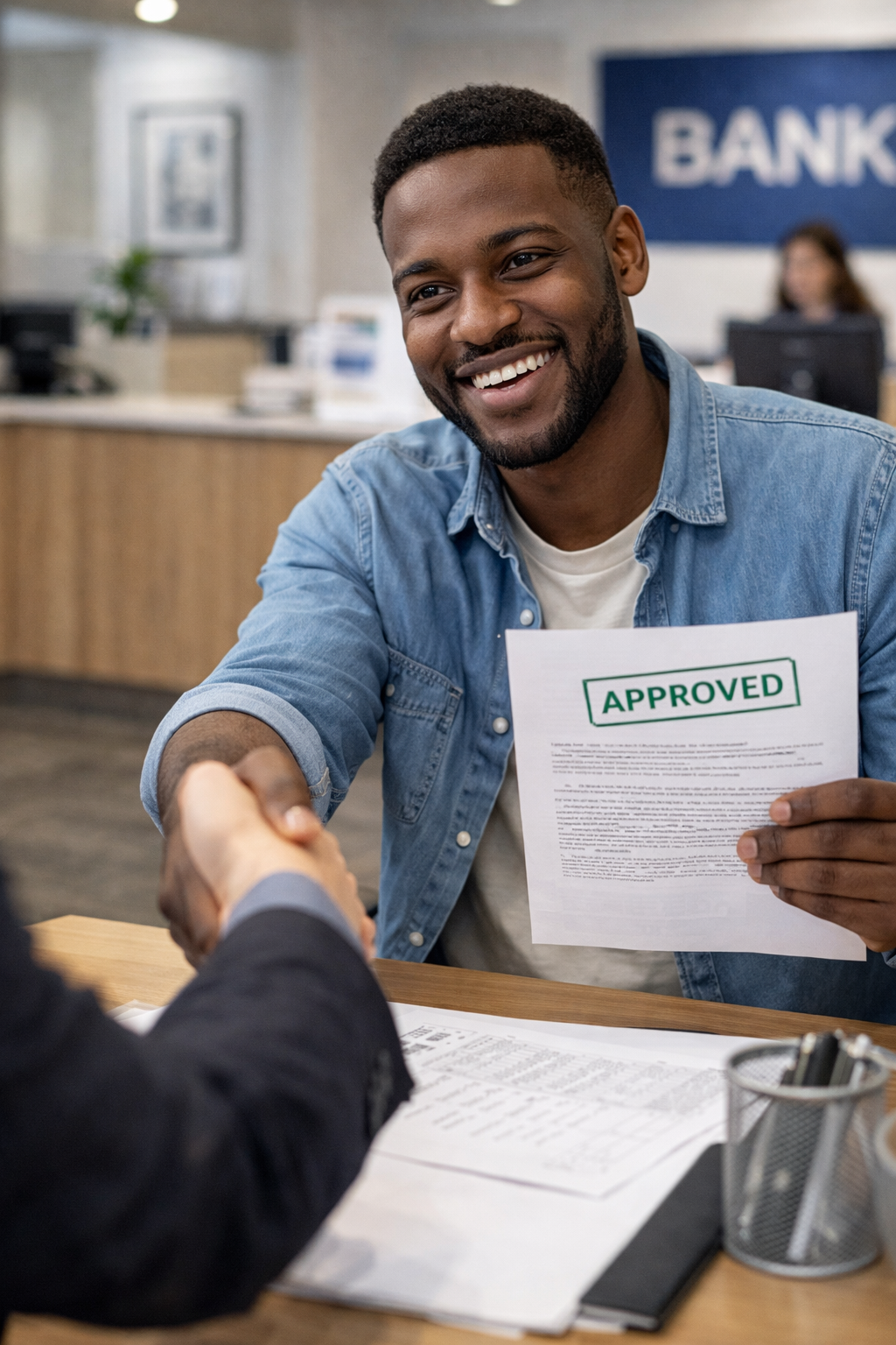 Confident person reviewing improved credit or approval documents