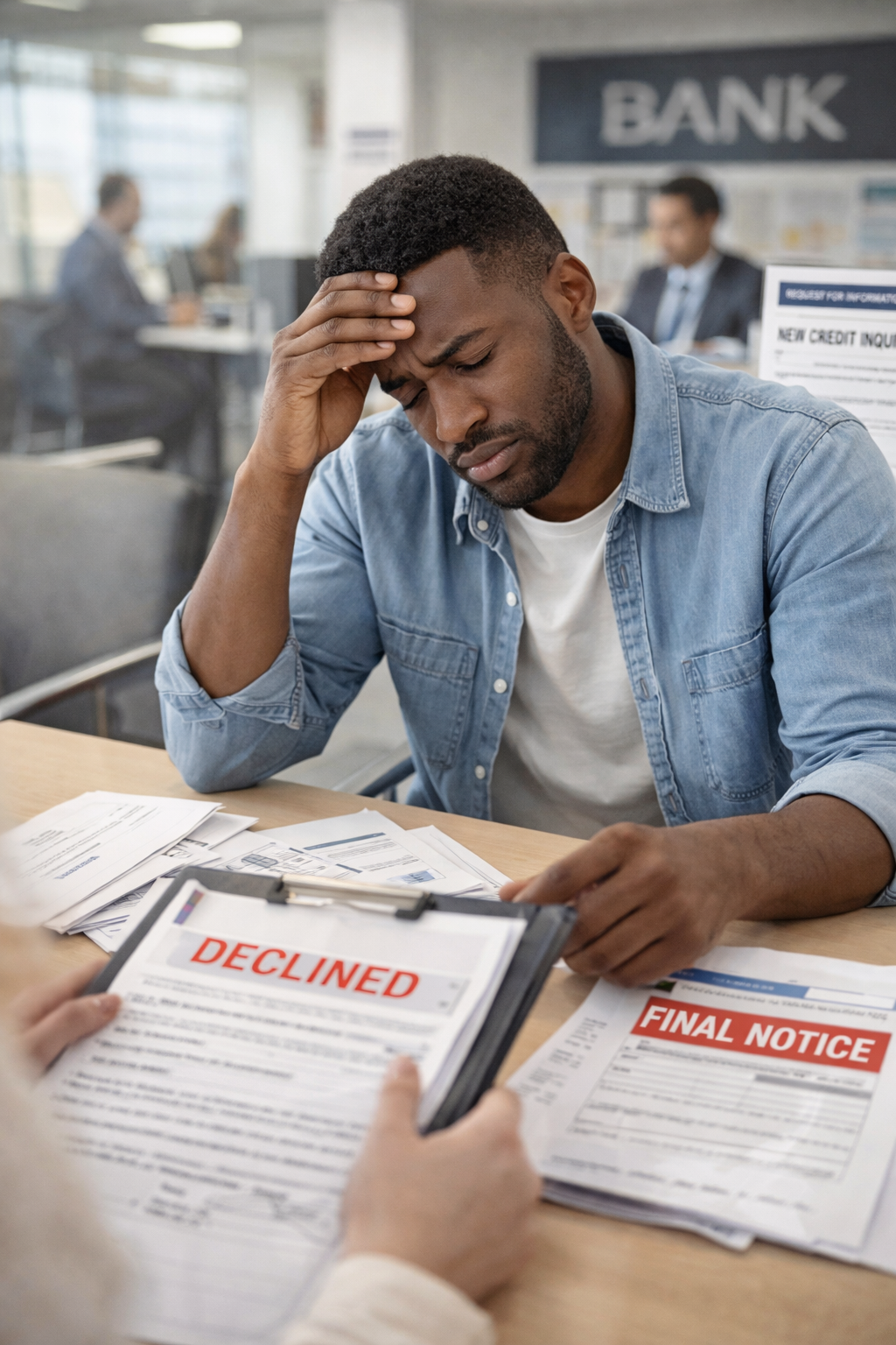 Person feeling stressed while reviewing loan or credit paperwork