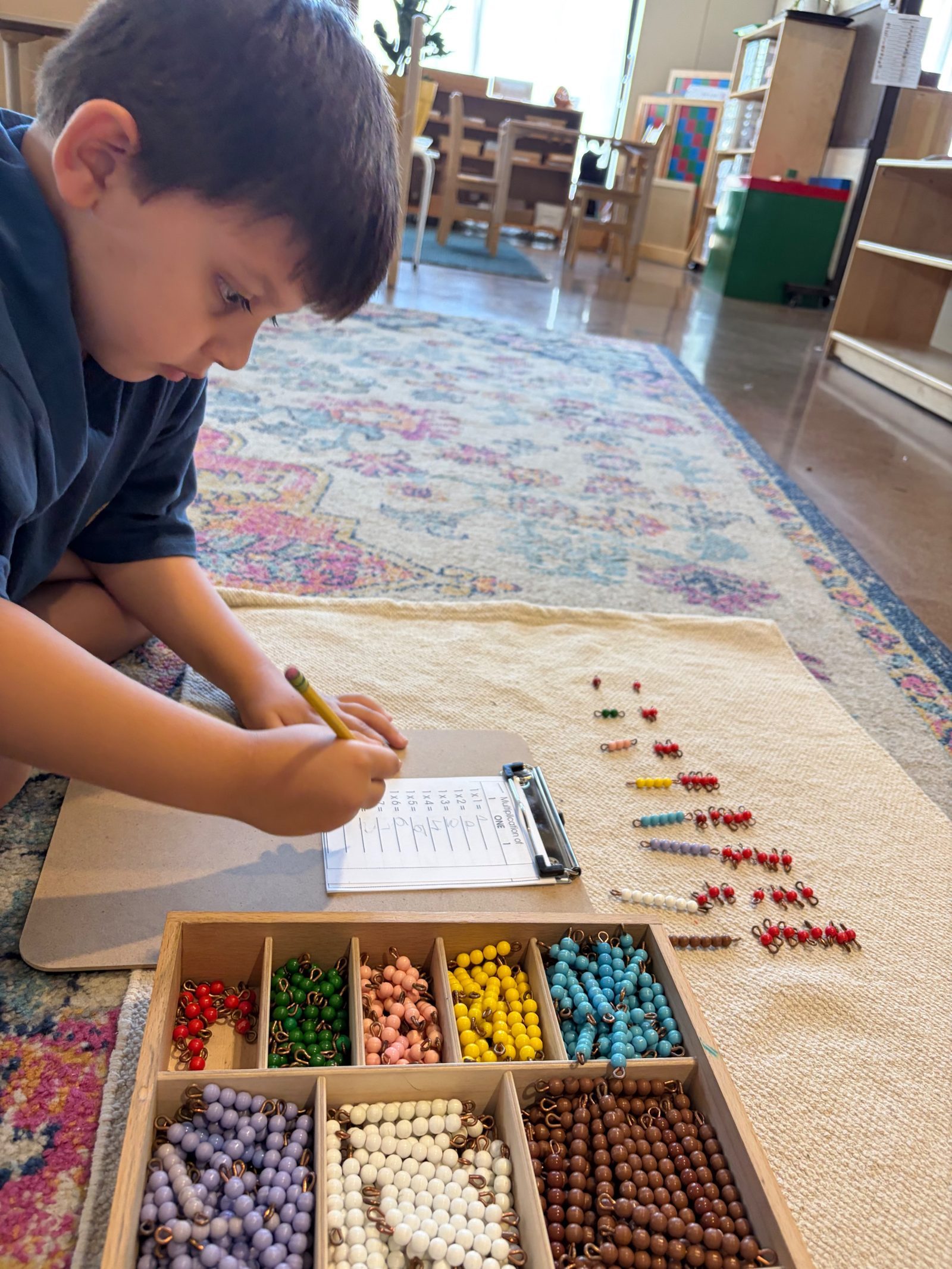 A student working with golden bead multiplication materials