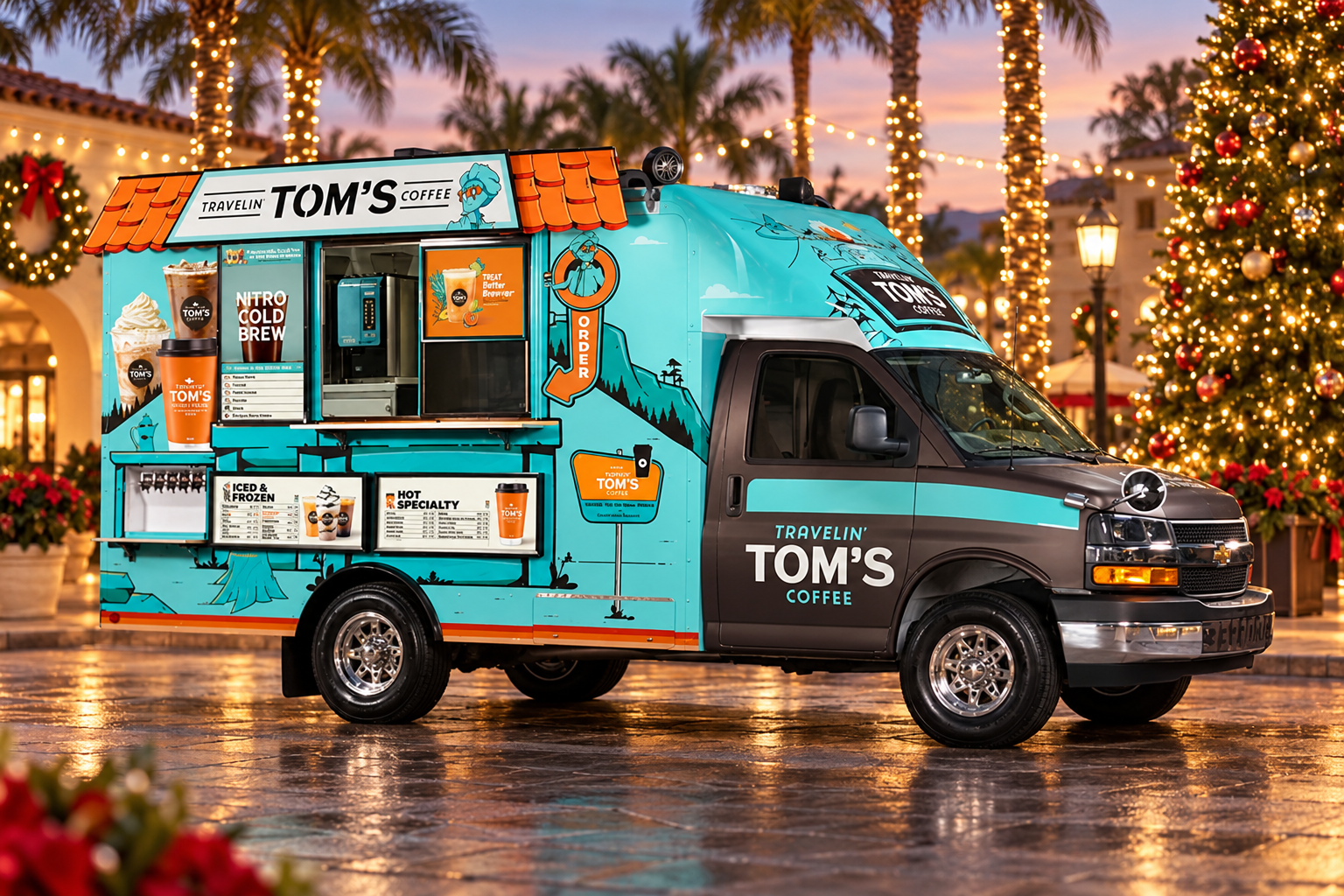 Travelin’ Tom’s coffee truck in a festive holiday plaza