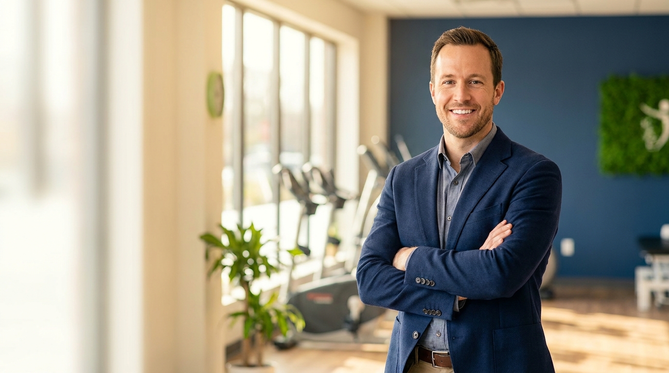 A physical therapy practice owner in a bright modern clinic