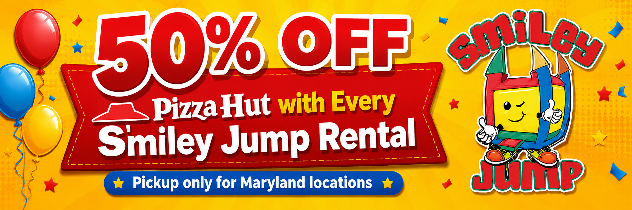 Smiley Jump promotion banner for bounce house rentals, inflatable rentals, school events, daycare events, kids birthdays, teen celebrations, company events and private parties