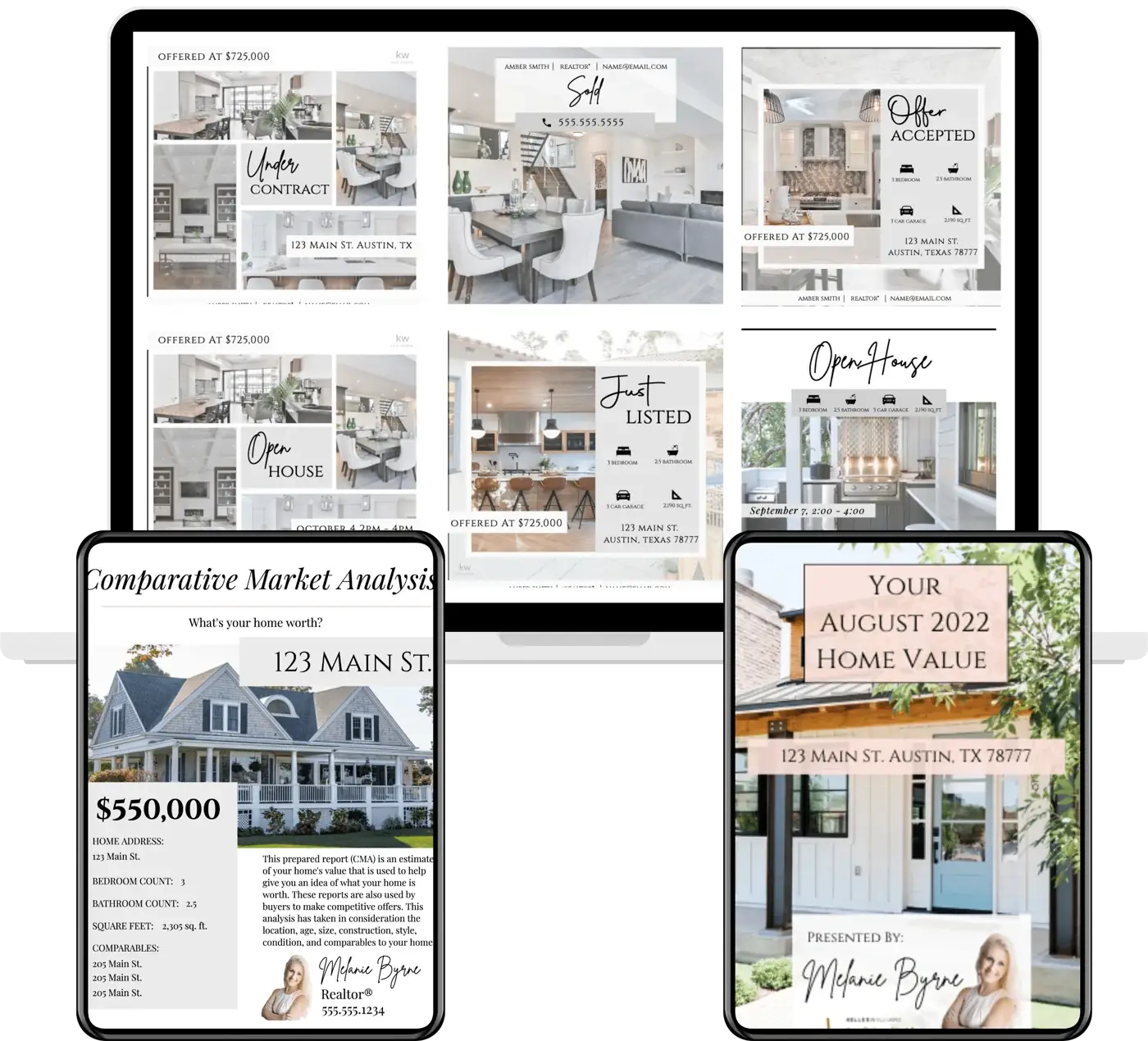 Listing and CMA templates: a Comparative Market Analysis, a home value presentation, and listing graphics shown on laptop and tablets