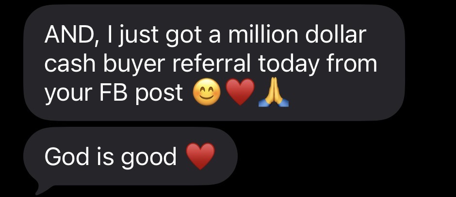Text message from an Agent Suite user about a cash buyer referral