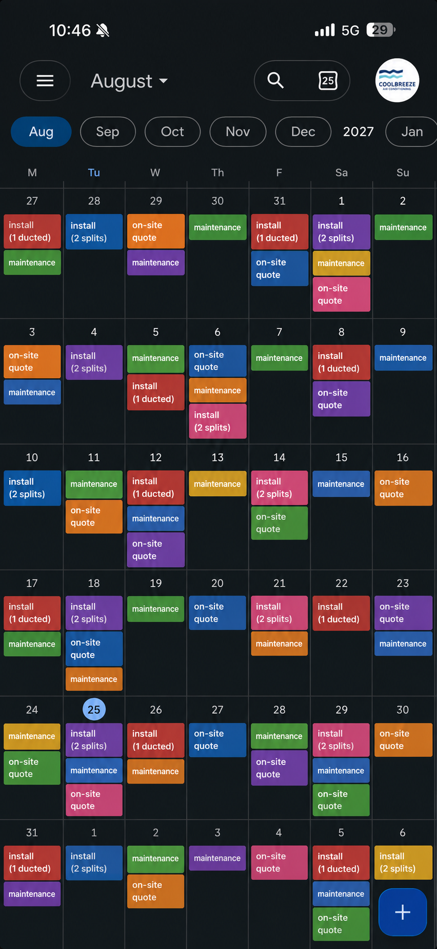 Illustration of an install schedule with most days booked