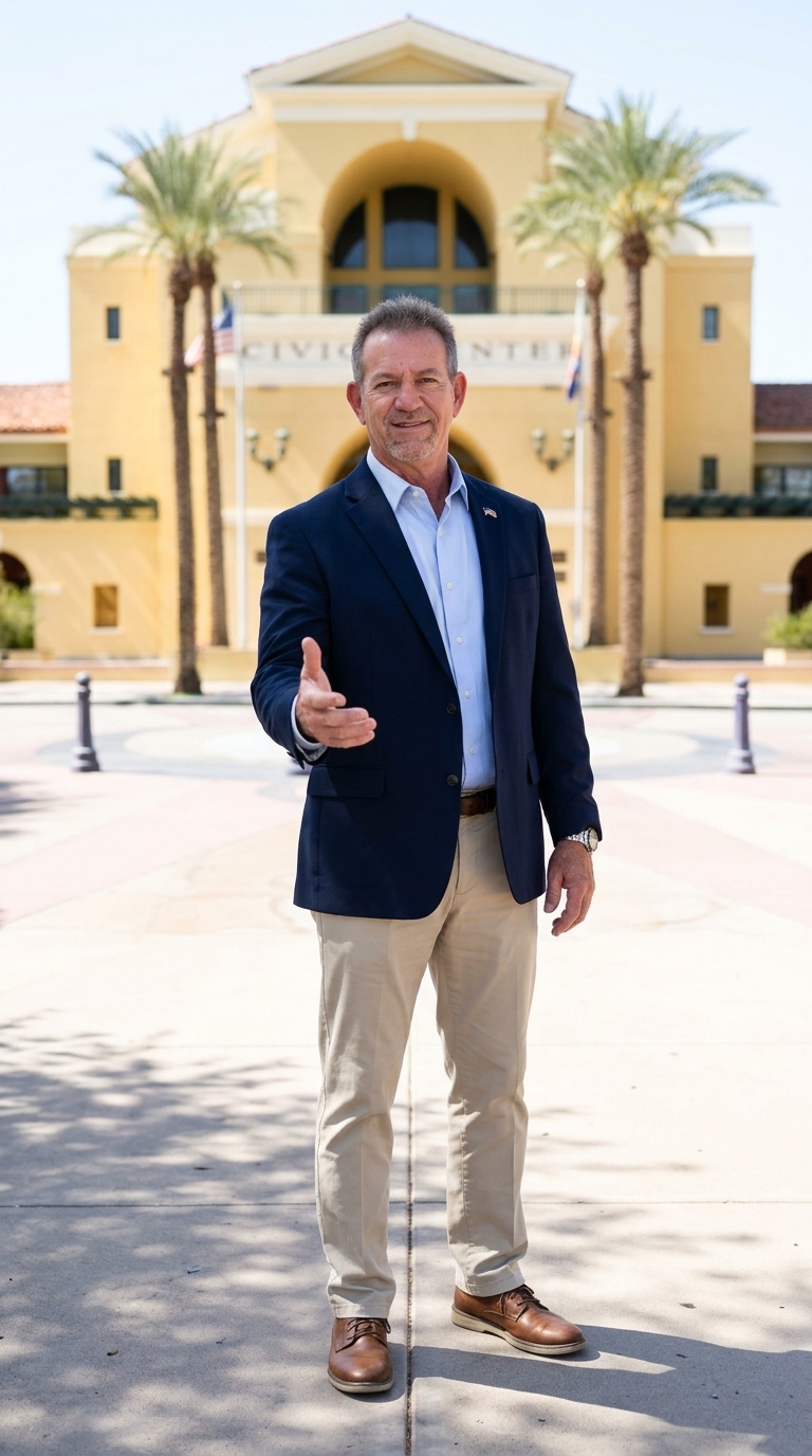 Ernesto Gutierrez outside Cathedral City landmark building