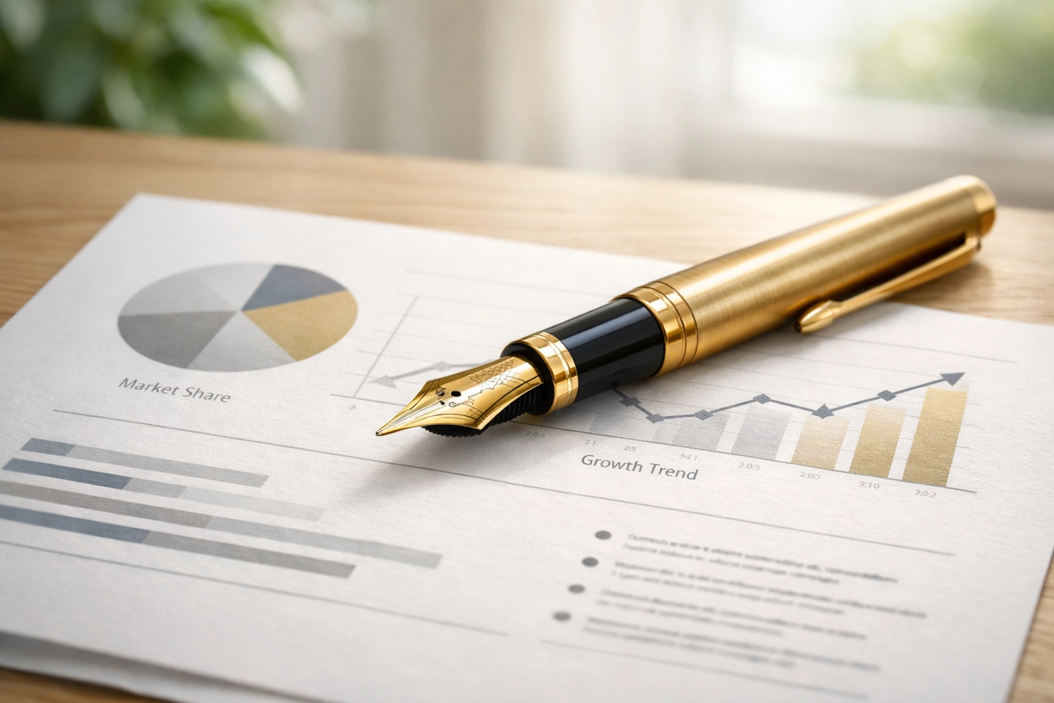 A gold fountain pen on top of a stack of reports. A gold fountain pen on top of a stack of reports.