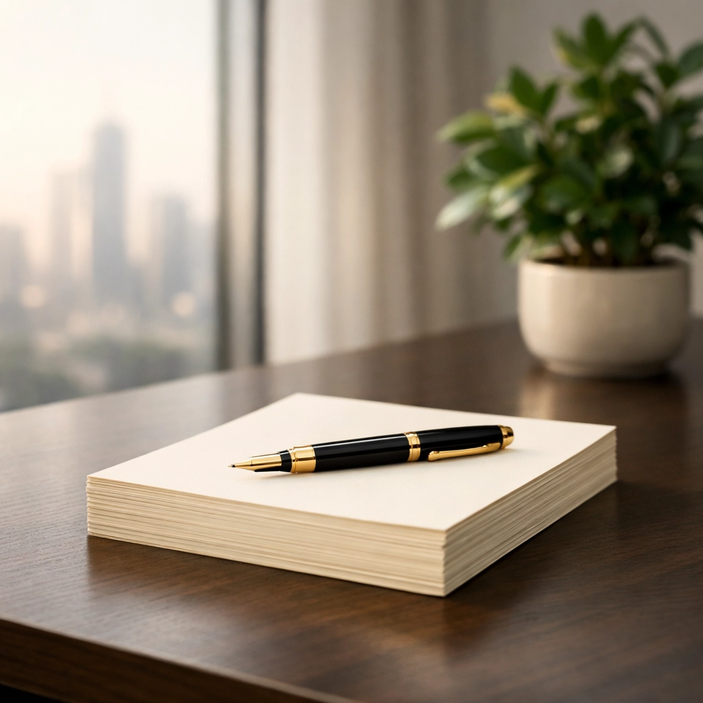 A black and gold fountain pen on top of a stack of stationery.