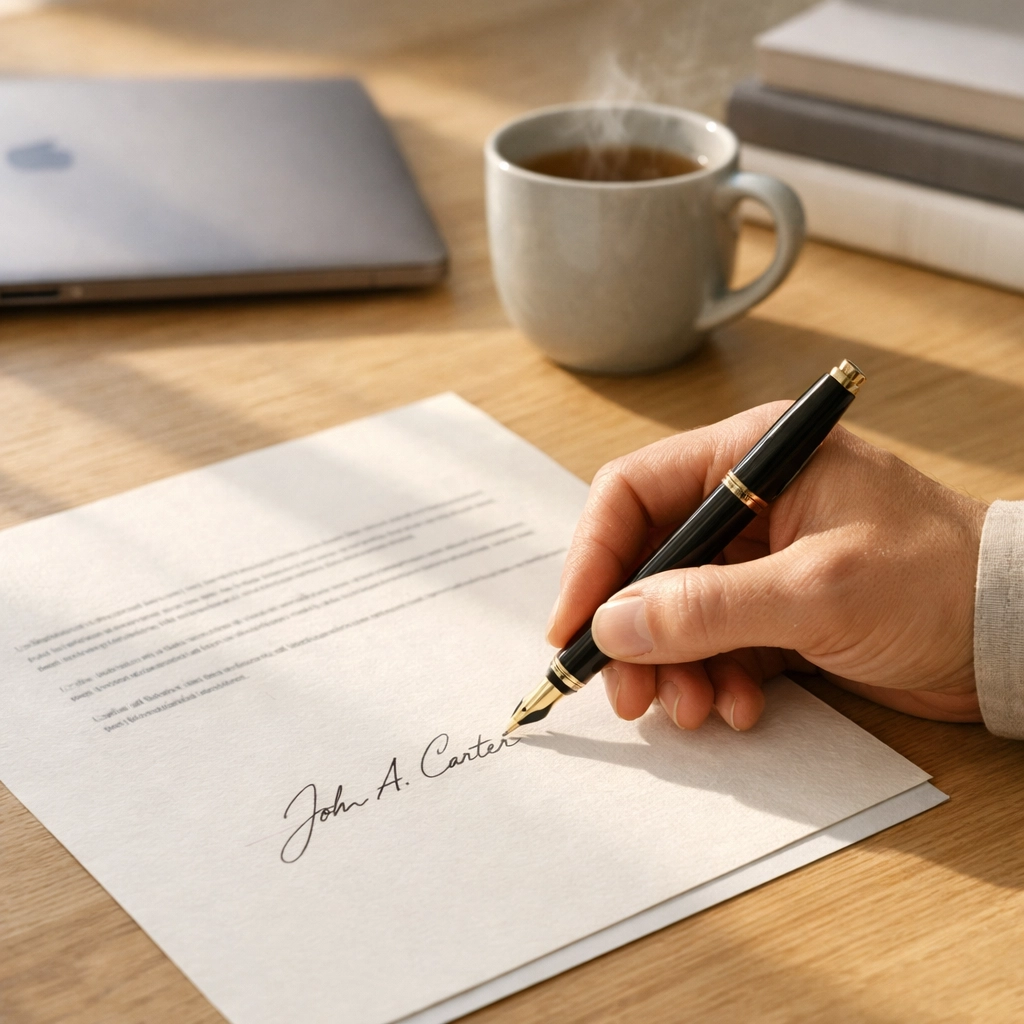 A professional signing a letter with a fountain pen. A professional signing a letter with a fountain pen.