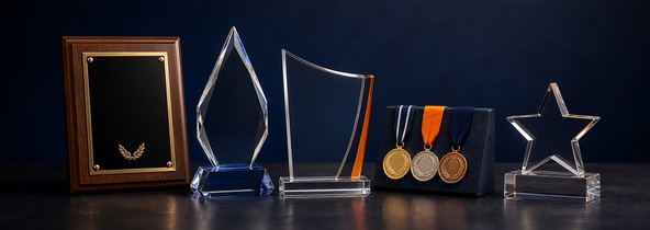 Polished awards display featuring plaques, medals, and custom recognition pieces