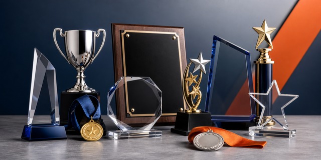 Recognition awards display representing school, sports, appreciation, and employee milestones