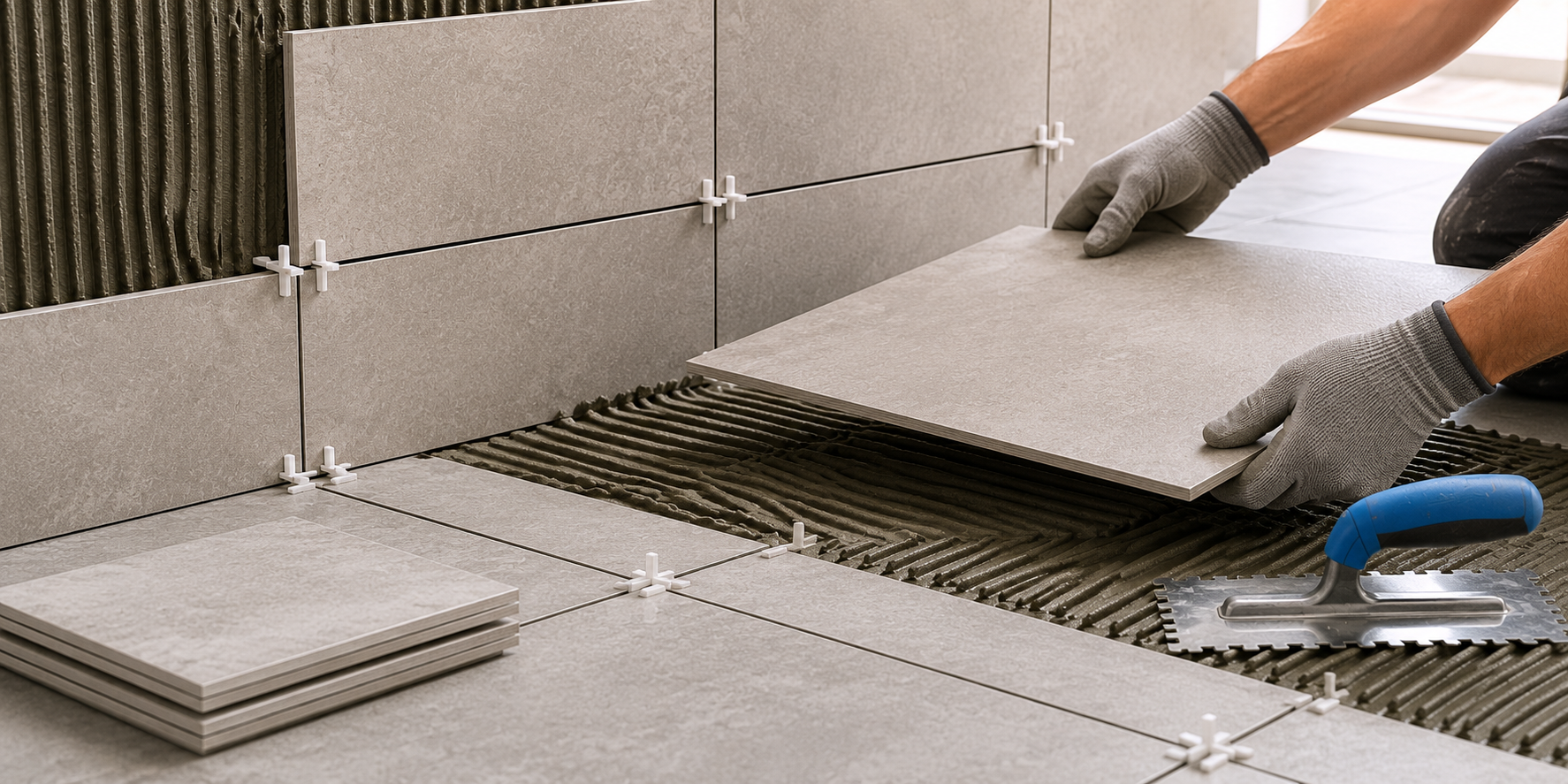 Tiler laying wall and floor tiles