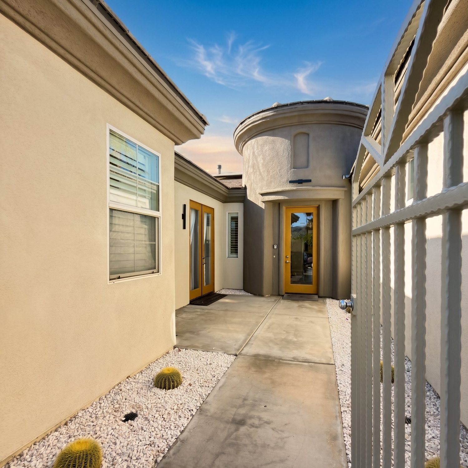 The private front entrance of the Cathedral City home