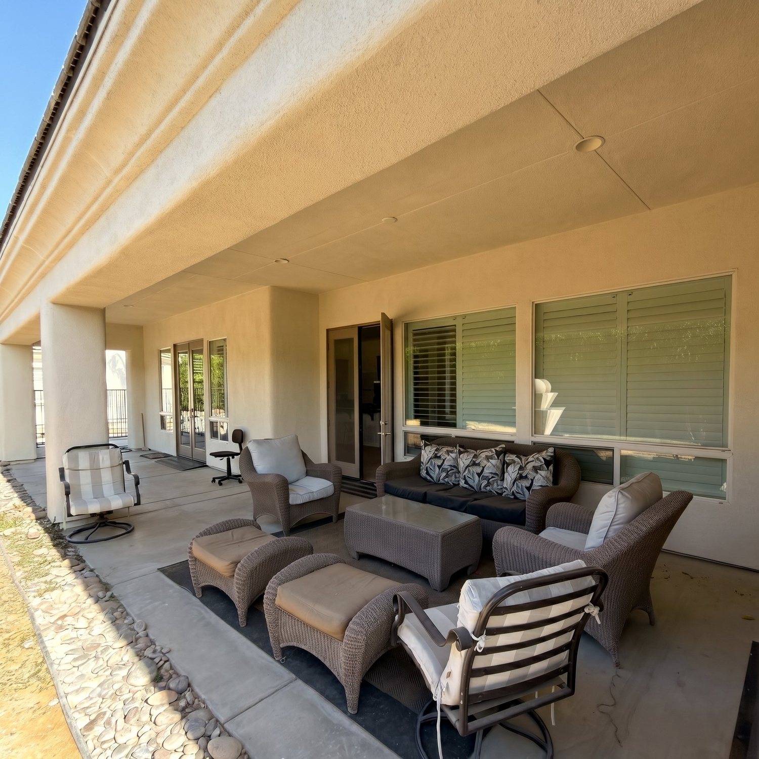The shaded covered patio at the Cathedral City home