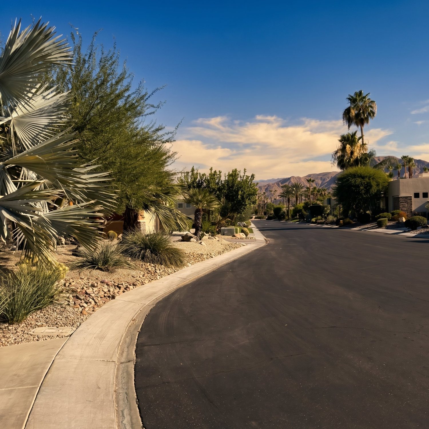 A quiet, palm-lined street nearby