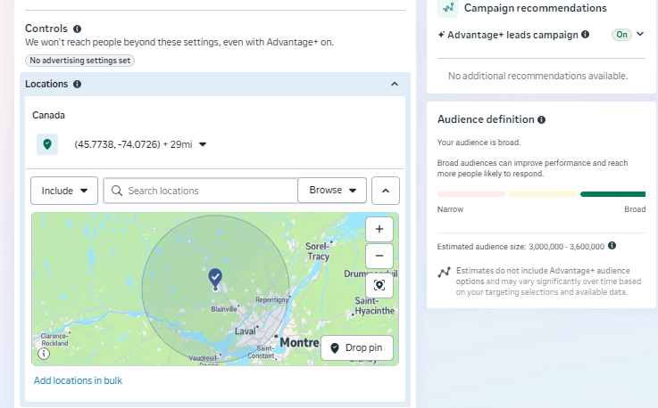 Meta Ads Manager — ciblage géographique par rayon