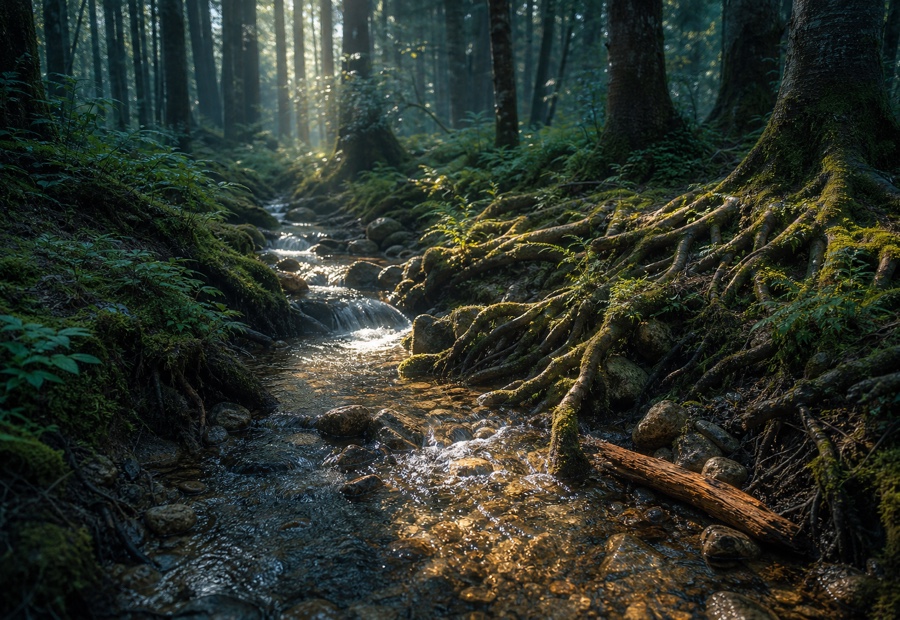 A forest stream moving through moss-covered roots, representing the deeper work of change