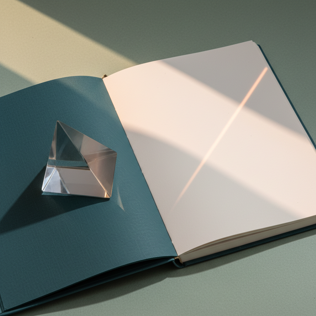 Open journal and prism light representing calm clarity before a discovery call
