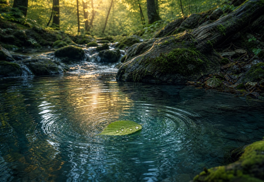 A dew-covered leaf resting on calm woodland water, representing a return home to self