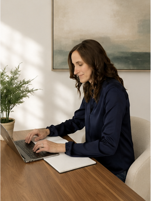 Heidi working at her laptop at a wooden desk