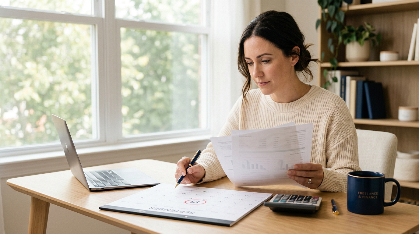 Self-employed professional reviewing tax documents and calendar at a desk with September 15 deadline circled