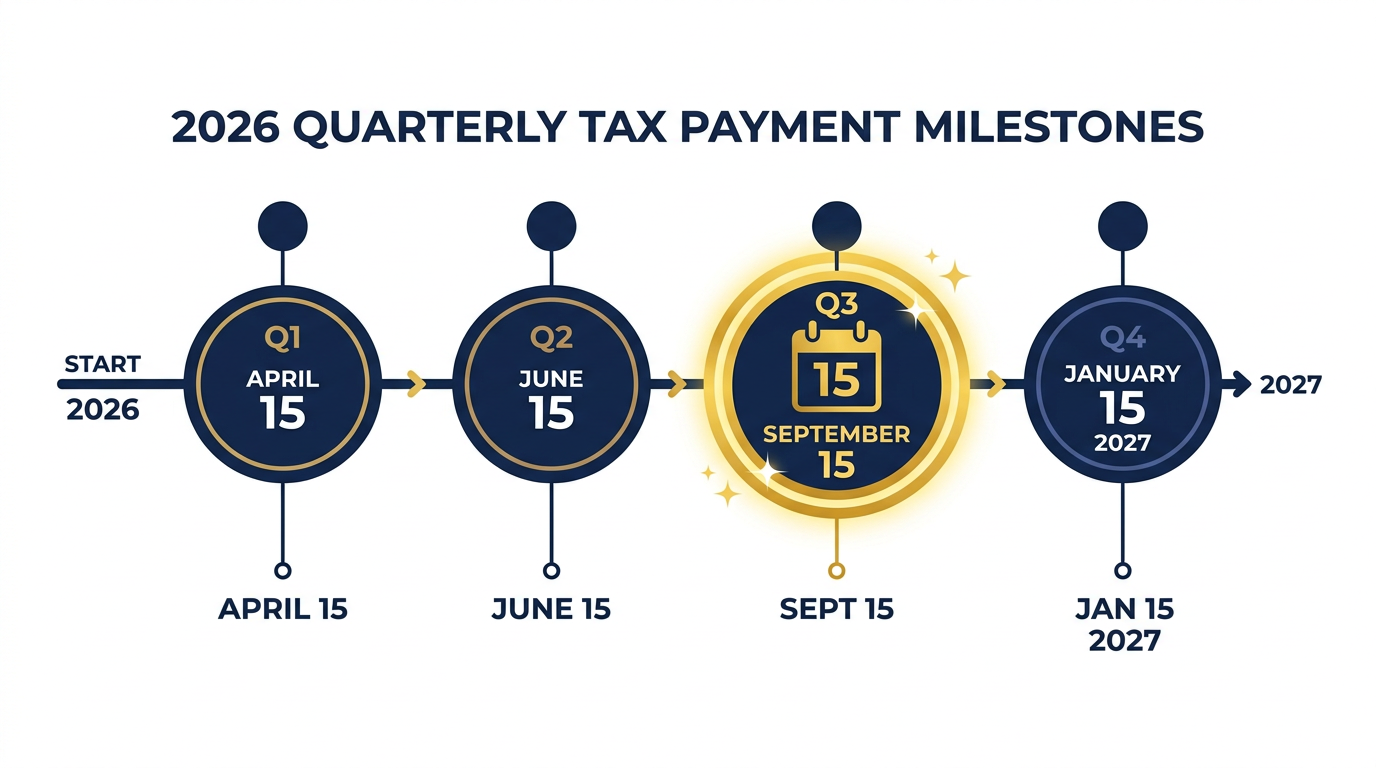 2026 quarterly estimated tax payment timeline showing Q1 April 15, Q2 June 15, Q3 September 15 highlighted, and Q4 January 15 2027