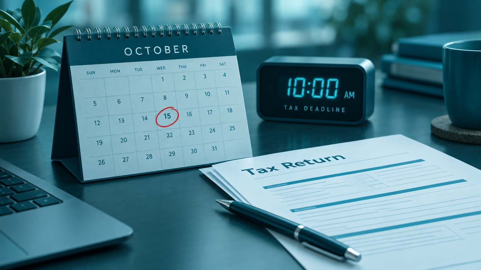 A desk calendar with October 15 circled in red next to tax documents and a pen on a teal-toned professional desk