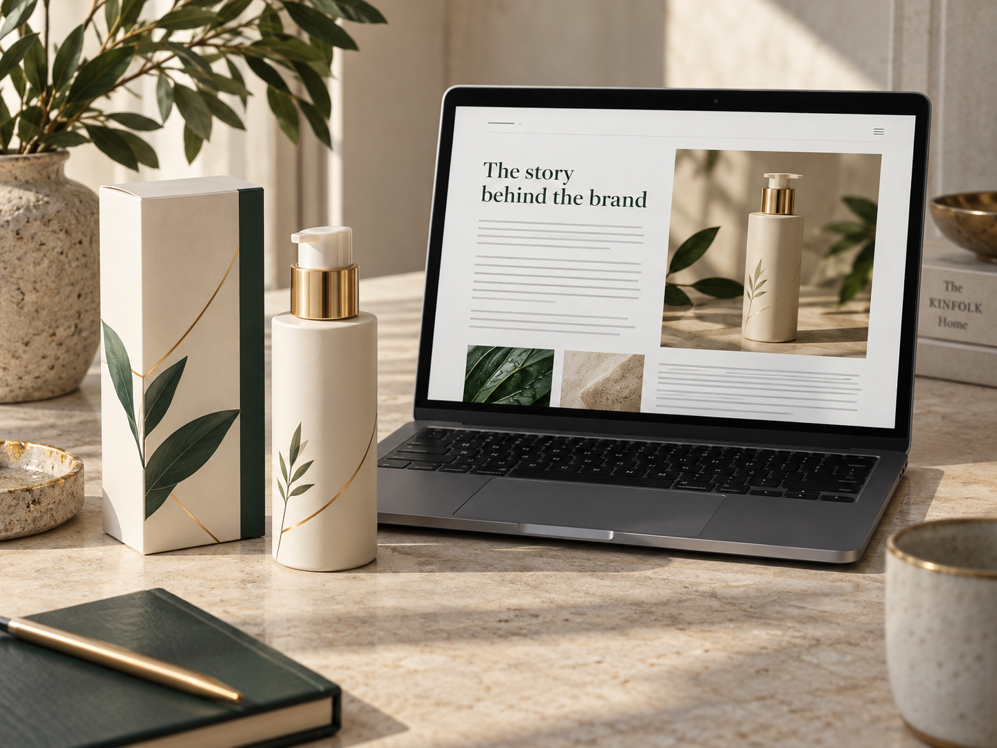 Illustrative skincare products beside a laptop showing a sample brand article