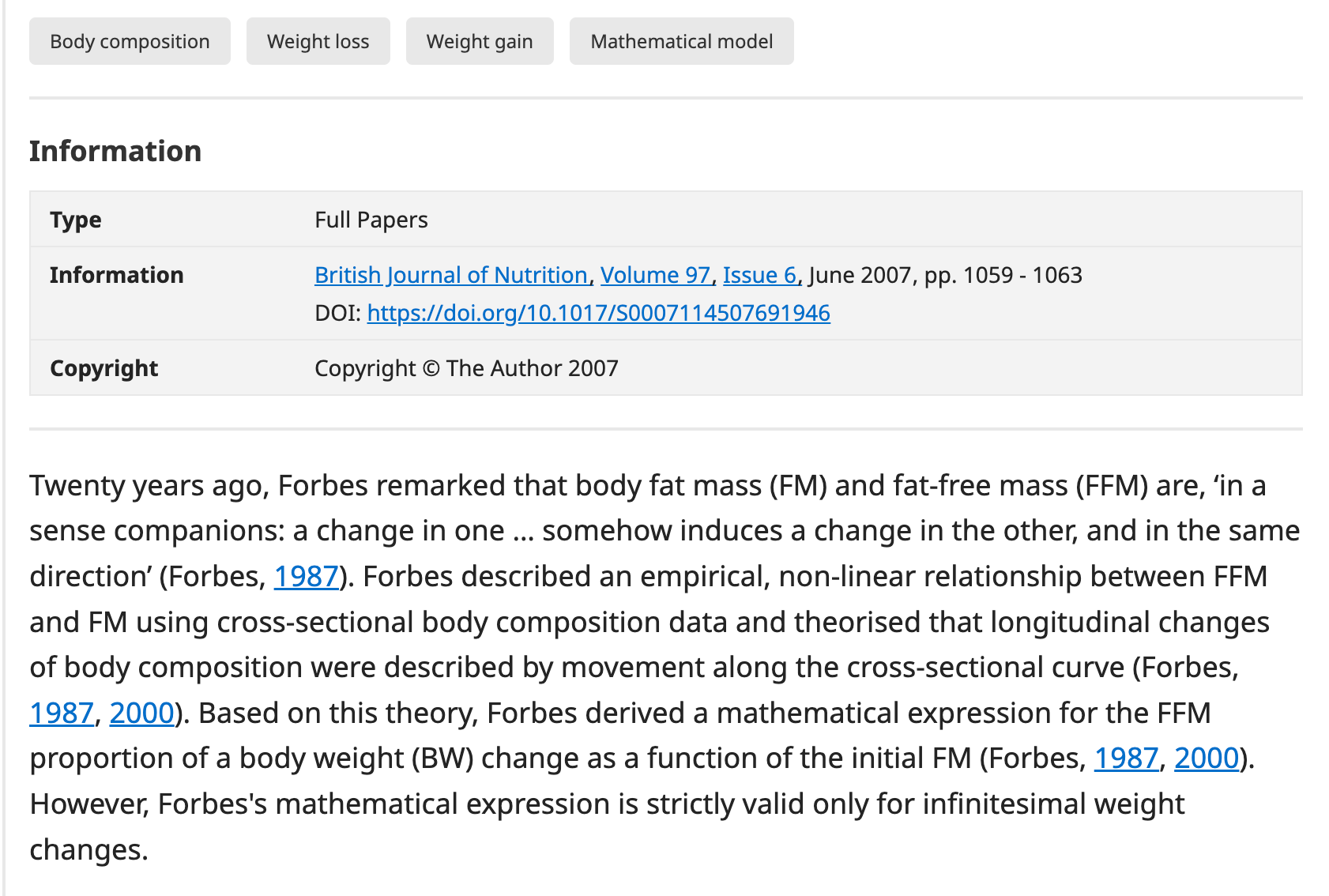 Cambridge University British Journal of Nutrition paper on body composition