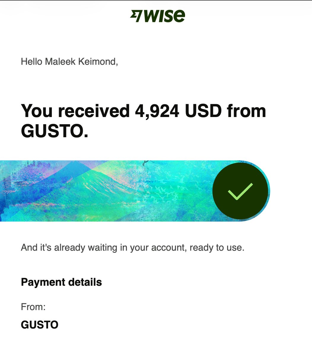 Wise — $4,924 USD from Gusto