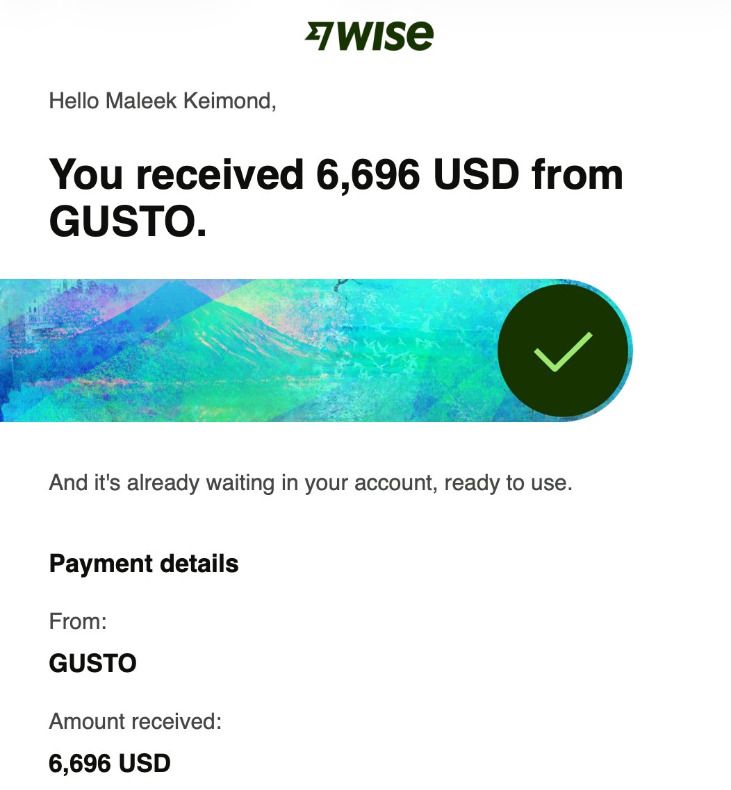 Wise — $6,696 USD from Gusto