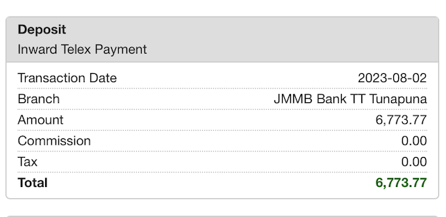 JMMB deposit — $6,773.77 TTD ($1,000 USD) first commission