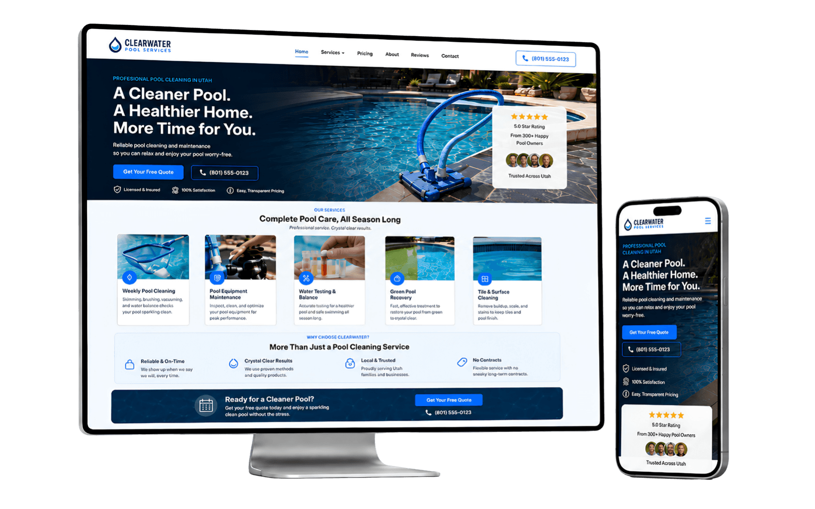 Sample website build for a pool service company shown on desktop, laptop, tablet, and phone