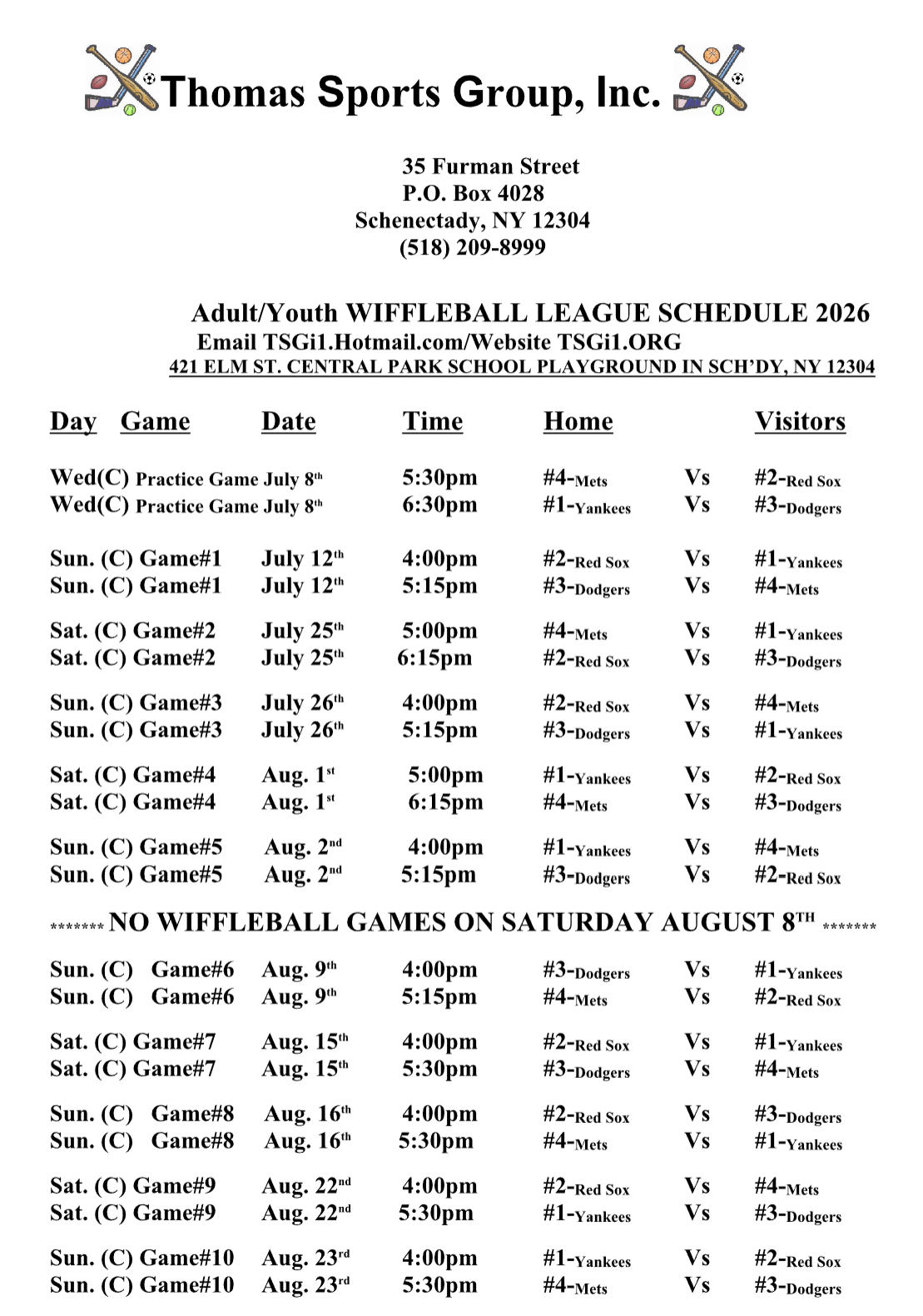 Printed schedule sheet from Thomas Sports Group with dates, times, and matchup listings.