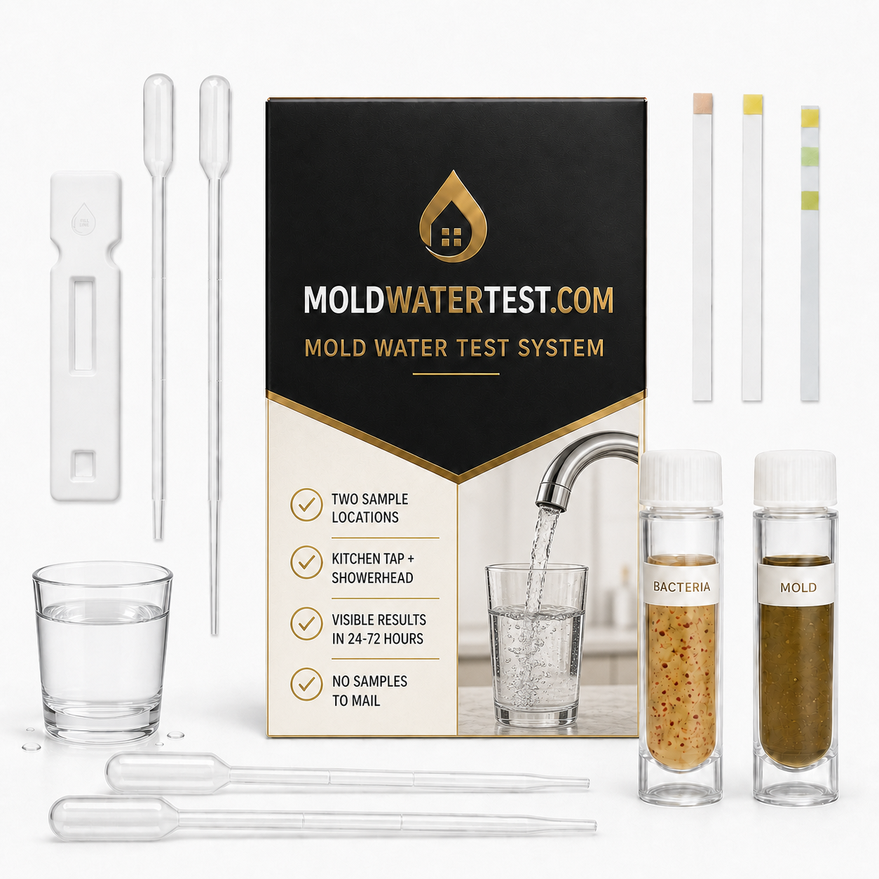 MoldWaterTest.com at-home testing system with a glass of water, two sample locations, and testing components