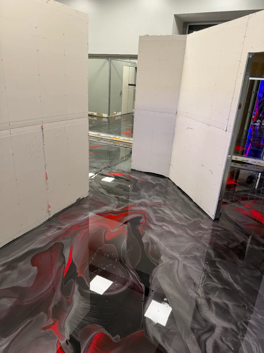 Red and charcoal metallic epoxy floor