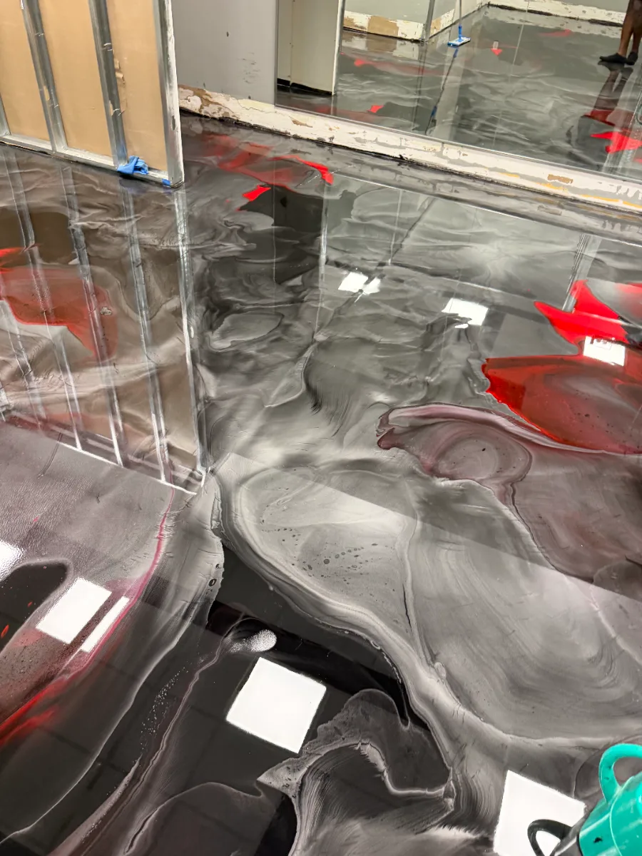 Red and silver metallic epoxy pour detail