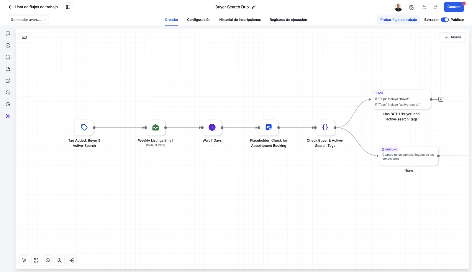 Constructor de automatizaciones de Kingtegra mostrando un flujo de seguimiento
