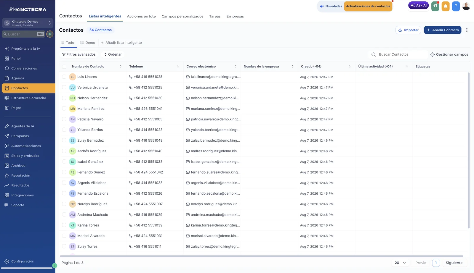 Listado de contactos de Kingtegra con teléfono, correo y etiquetas