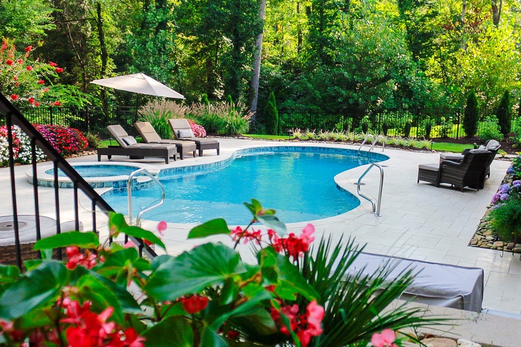 Backyard pool installation in Charlotte NC surrounded by custom landscaping by AllPhase Exteriors & More